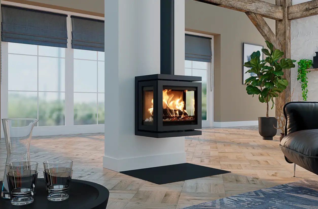 Floating wall mounted stove and flue