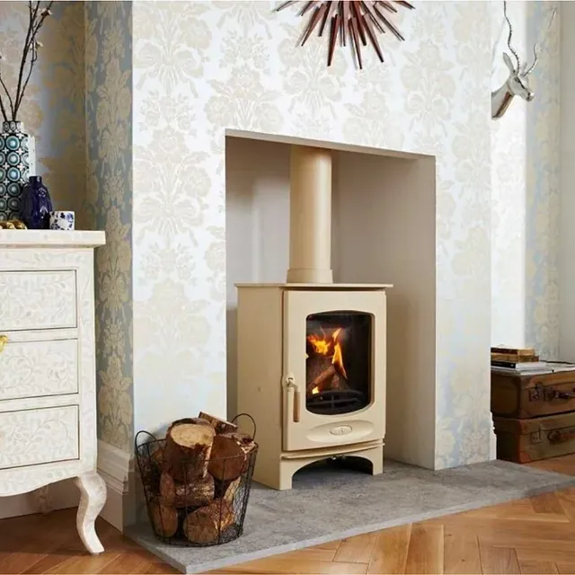 Beautiful cream stove embedded into a fireplace